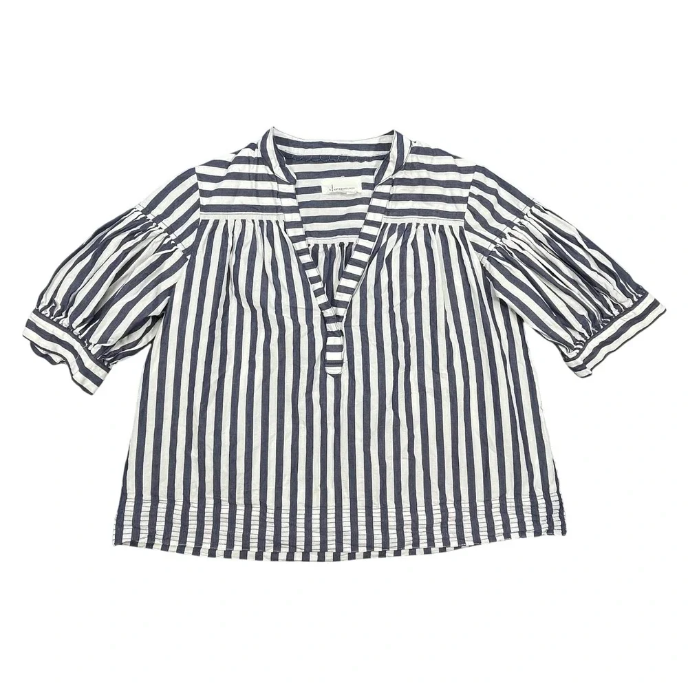 Anthropologie Navy White Striped Puff Sleeve Split Neck Blouse Womens Small